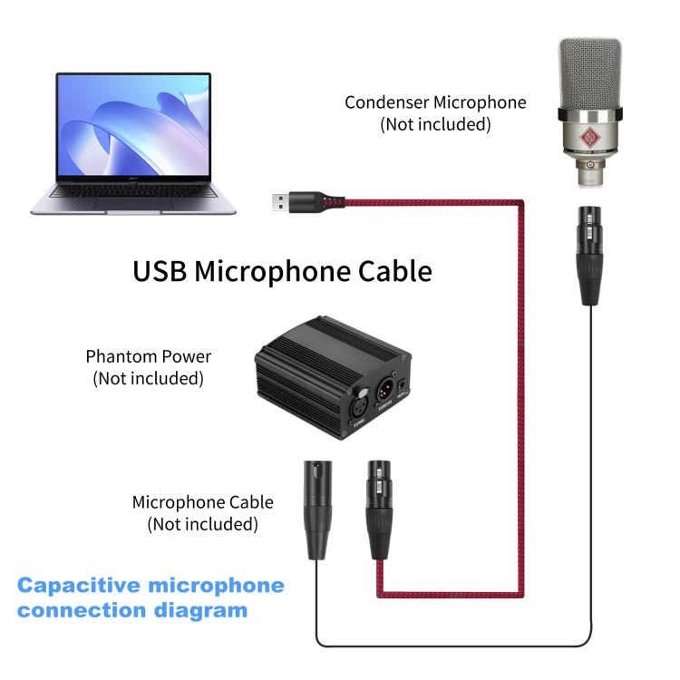 USB-A to XLR Female Audio Recording Cable for Dynamic Microphone, Length:1m - Black Red
