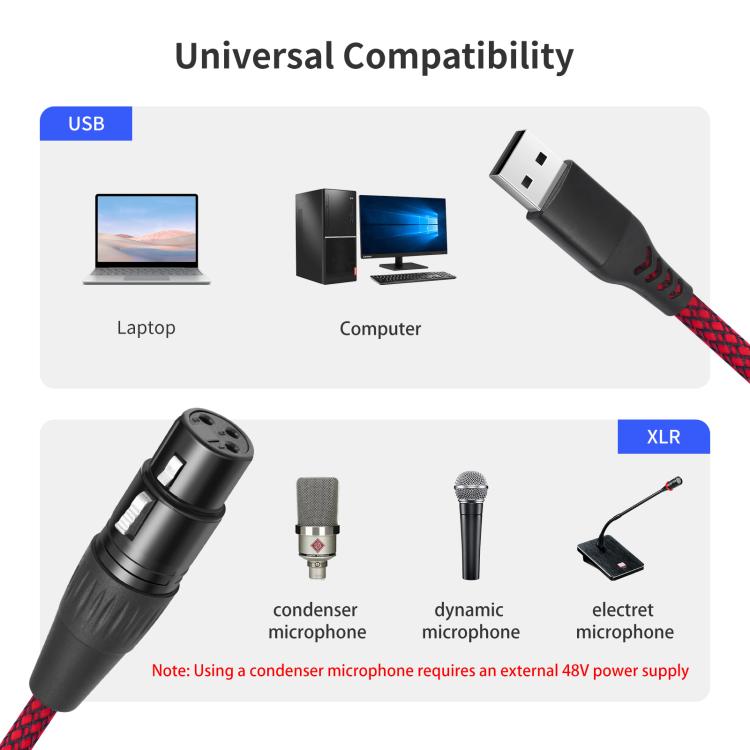 USB-A to XLR Female Audio Recording Cable for Dynamic Microphone, Length:1m - Black Red