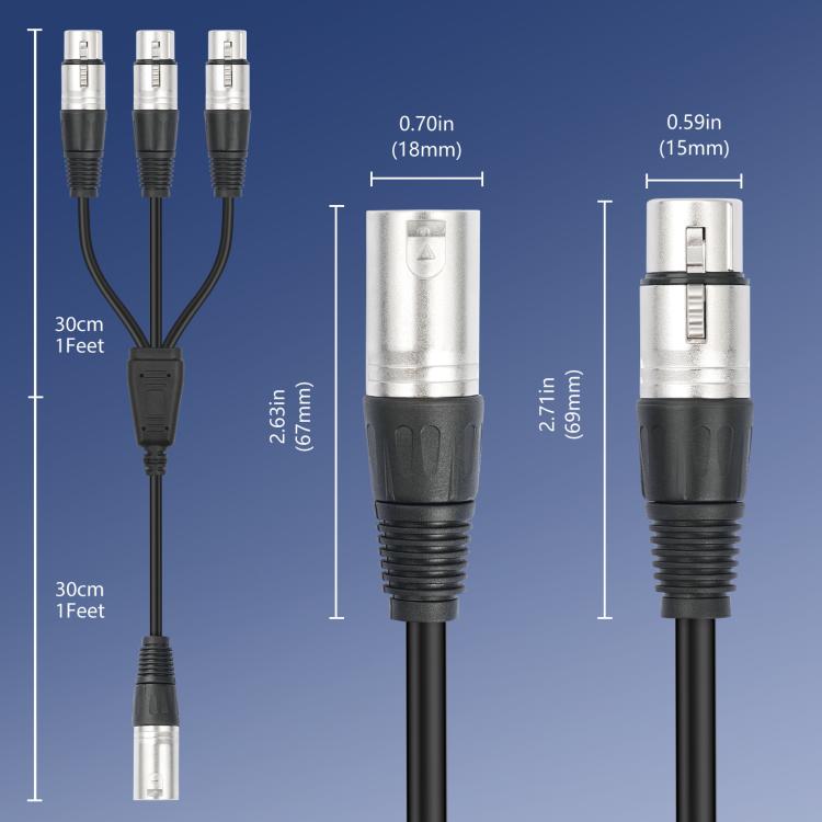 XLR Male to 3 XLR Female 3-Way Splitter Audio Cable, Length: 60cm