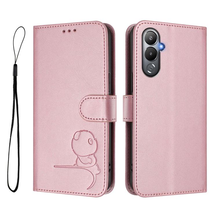 For Tecno Pova 4 Litter Panda Embossing RFID Leather Phone Case with Lanyard