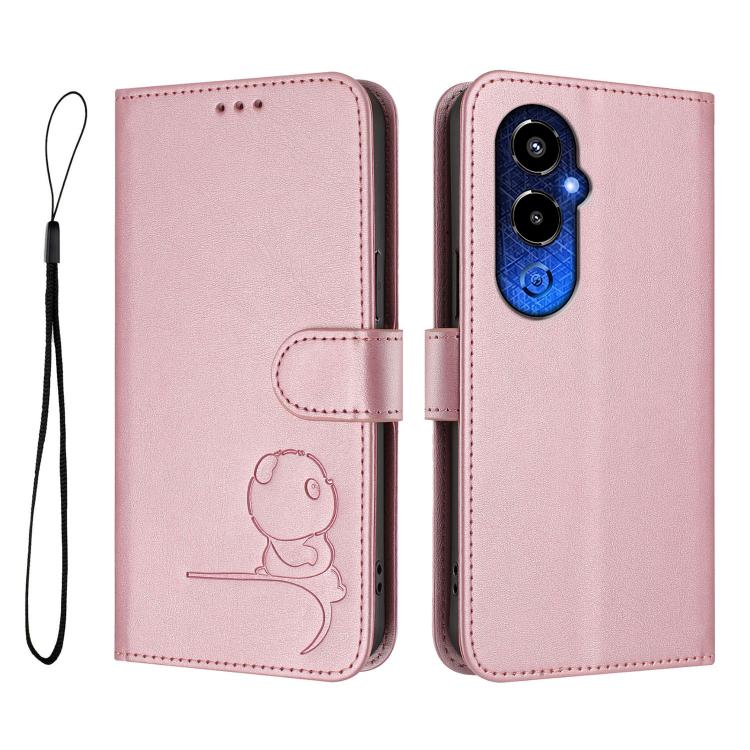 For Tecno Pova 4 Pro Litter Panda Embossing RFID Leather Phone Case with Lanyard