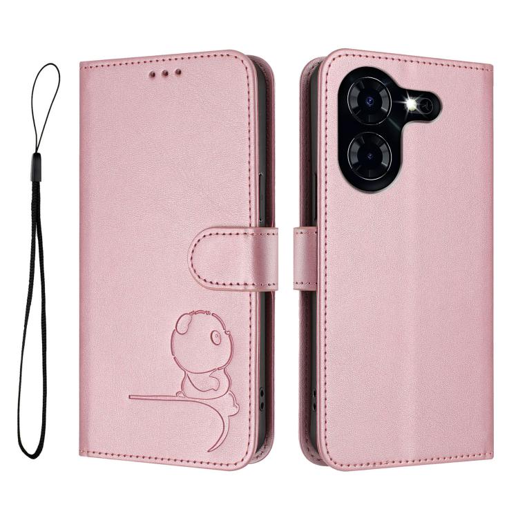 For Tecno Pova 5 Litter Panda Embossing RFID Leather Phone Case with Lanyard