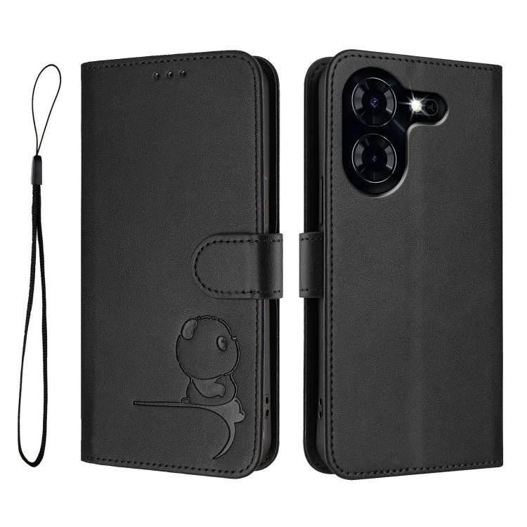 For Tecno Pova 5 Litter Panda Embossing RFID Leather Phone Case with Lanyard