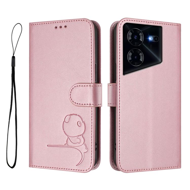 For Tecno Pova 5 Pro 5G Litter Panda Embossing RFID Leather Phone Case with Lanyard