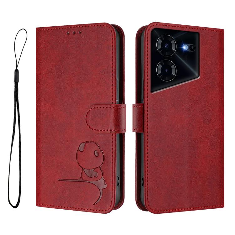 For Tecno Pova 5 Pro 5G Litter Panda Embossing RFID Leather Phone Case with Lanyard