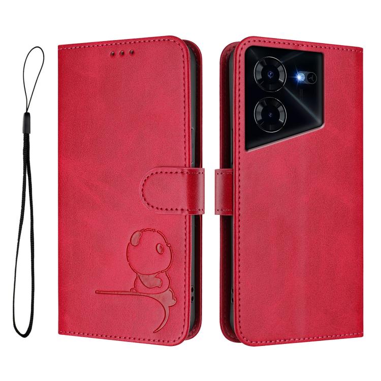 For Tecno Pova 5 Pro 5G Litter Panda Embossing RFID Leather Phone Case with Lanyard