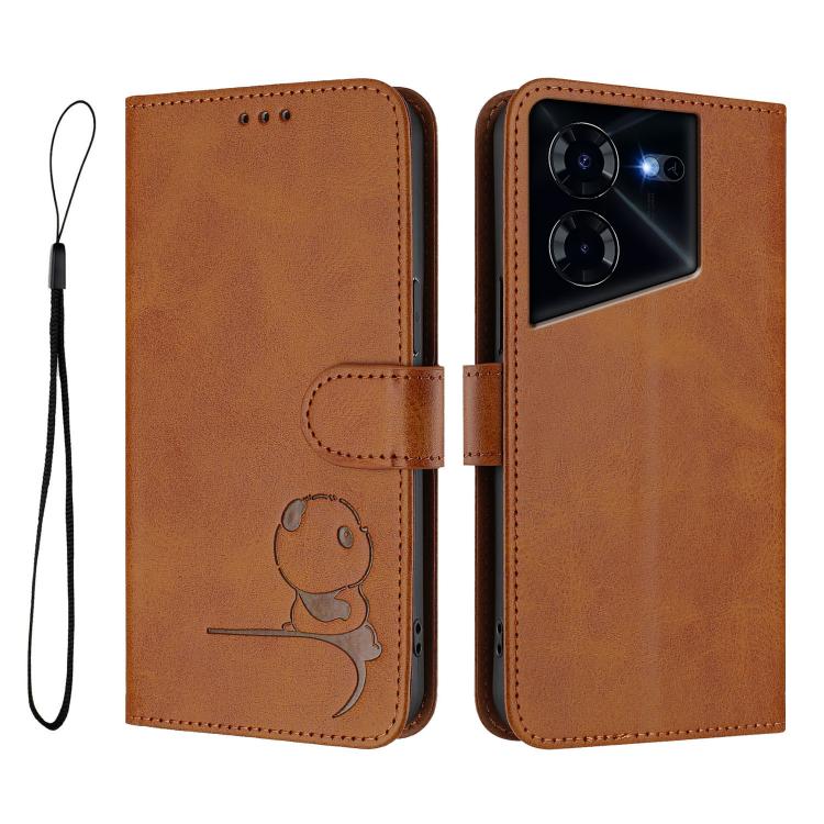 For Tecno Pova 5 Pro 5G Litter Panda Embossing RFID Leather Phone Case with Lanyard