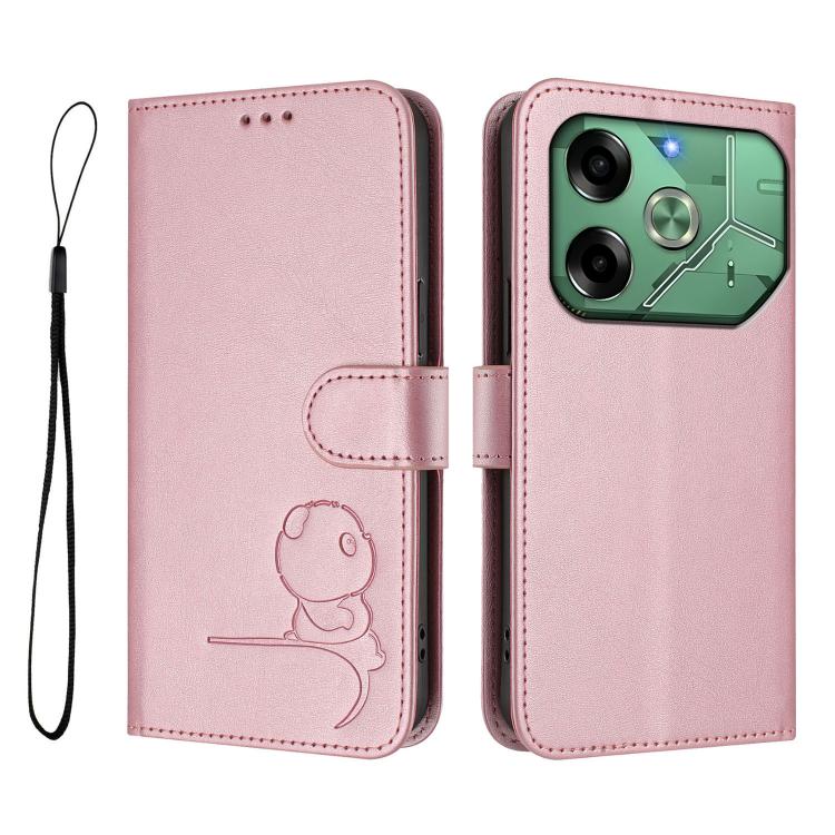 For Tecno Pova 6 4G Litter Panda Embossing RFID Leather Phone Case with Lanyard