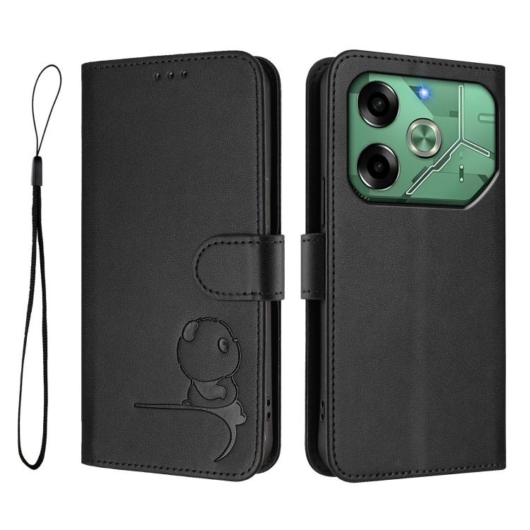 For Tecno Pova 6 4G Litter Panda Embossing RFID Leather Phone Case with Lanyard