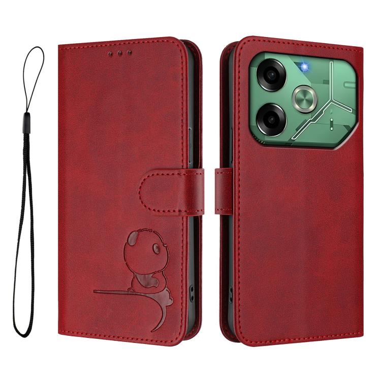 For Tecno Pova 6 4G Litter Panda Embossing RFID Leather Phone Case with Lanyard