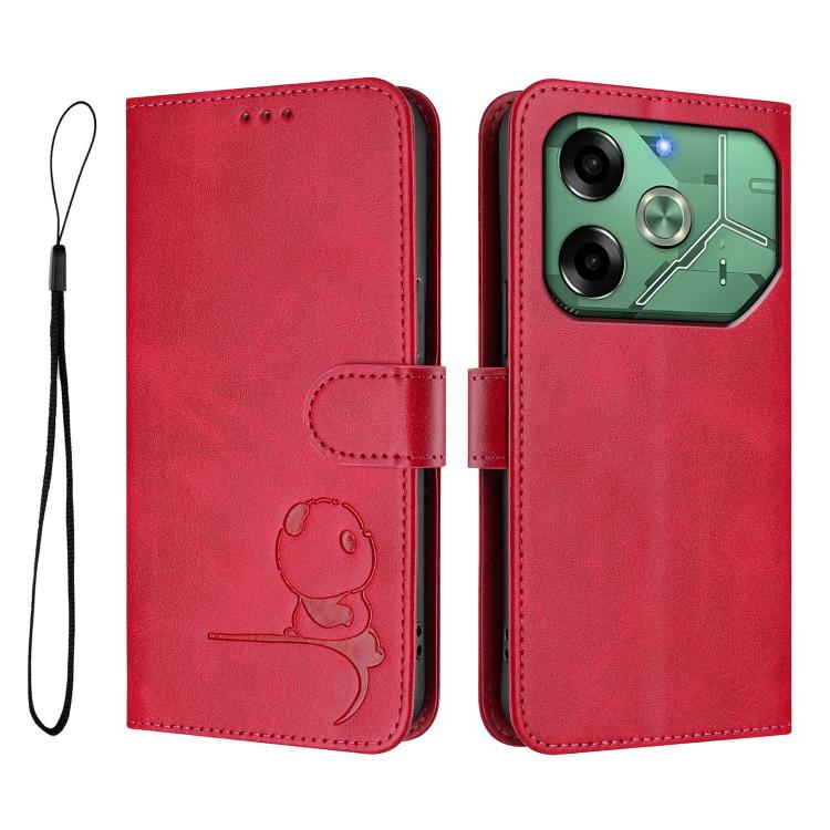 For Tecno Pova 6 4G Litter Panda Embossing RFID Leather Phone Case with Lanyard