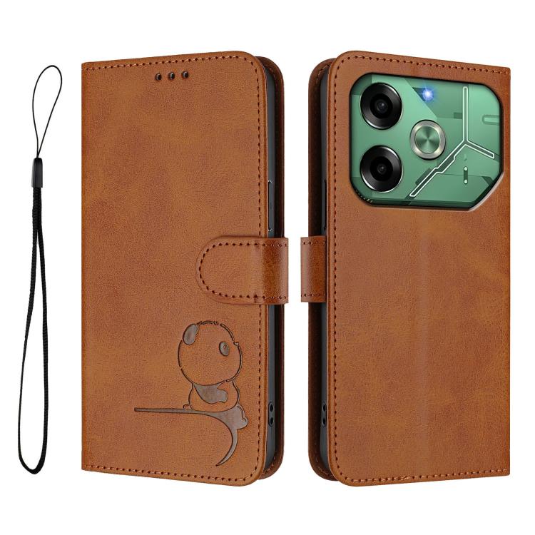 For Tecno Pova 6 4G Litter Panda Embossing RFID Leather Phone Case with Lanyard
