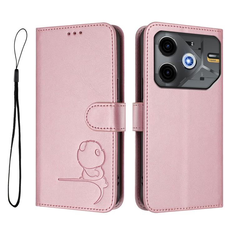 For Tecno Pova 6 Neo 5G Litter Panda Embossing RFID Leather Phone Case with Lanyard