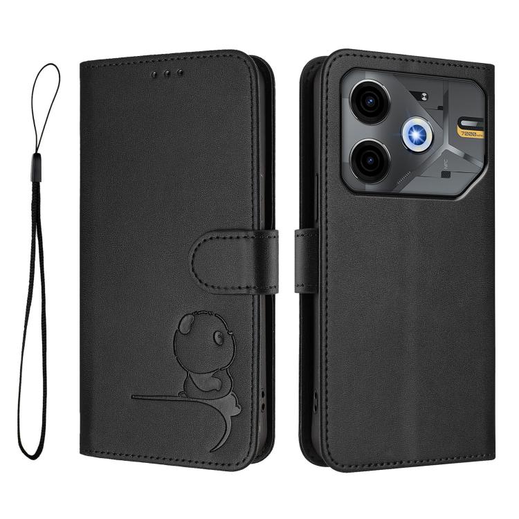 For Tecno Pova 6 Neo 5G Litter Panda Embossing RFID Leather Phone Case with Lanyard