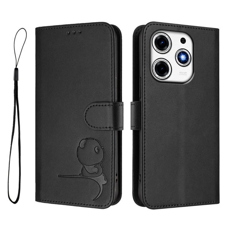 For Tecno Spark 10 Pro Magic Litter Panda Embossing RFID Leather Phone Case with Lanyard