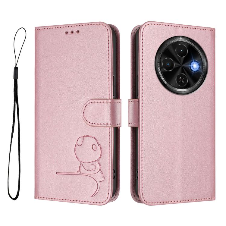 For Tecno Spark 30C 4G Litter Panda Embossing RFID Leather Phone Case with Lanyard