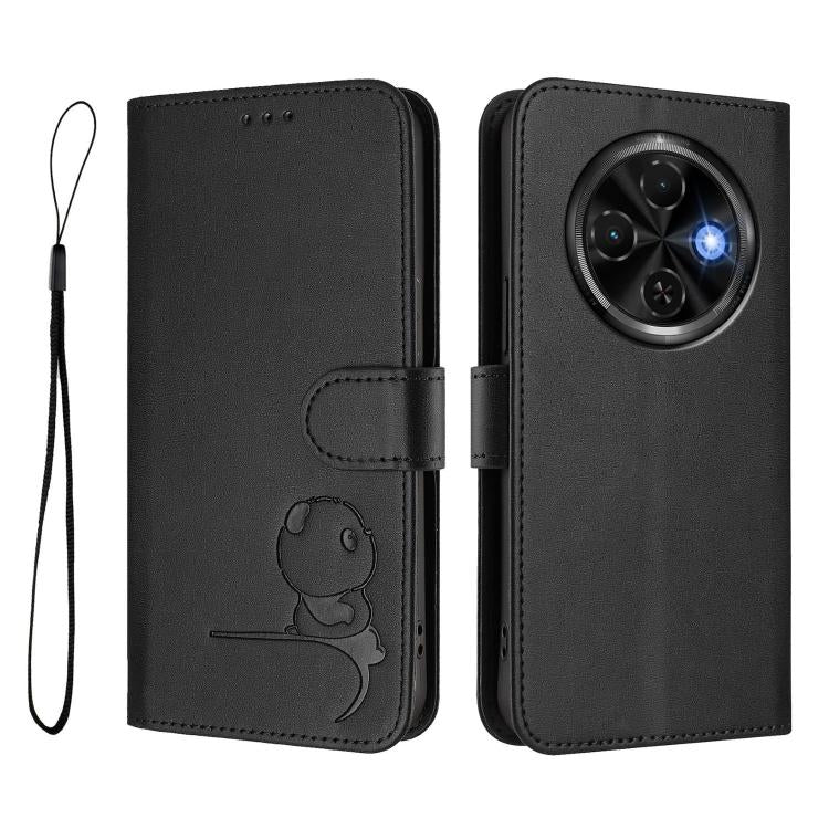 For Tecno Spark 30C 4G Litter Panda Embossing RFID Leather Phone Case with Lanyard