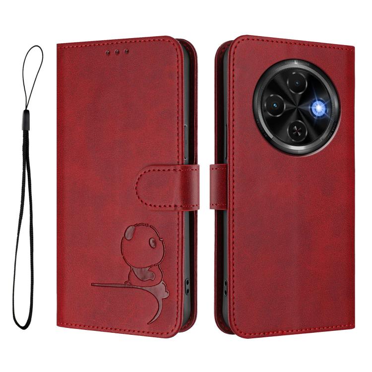 For Tecno Spark 30C 4G Litter Panda Embossing RFID Leather Phone Case with Lanyard
