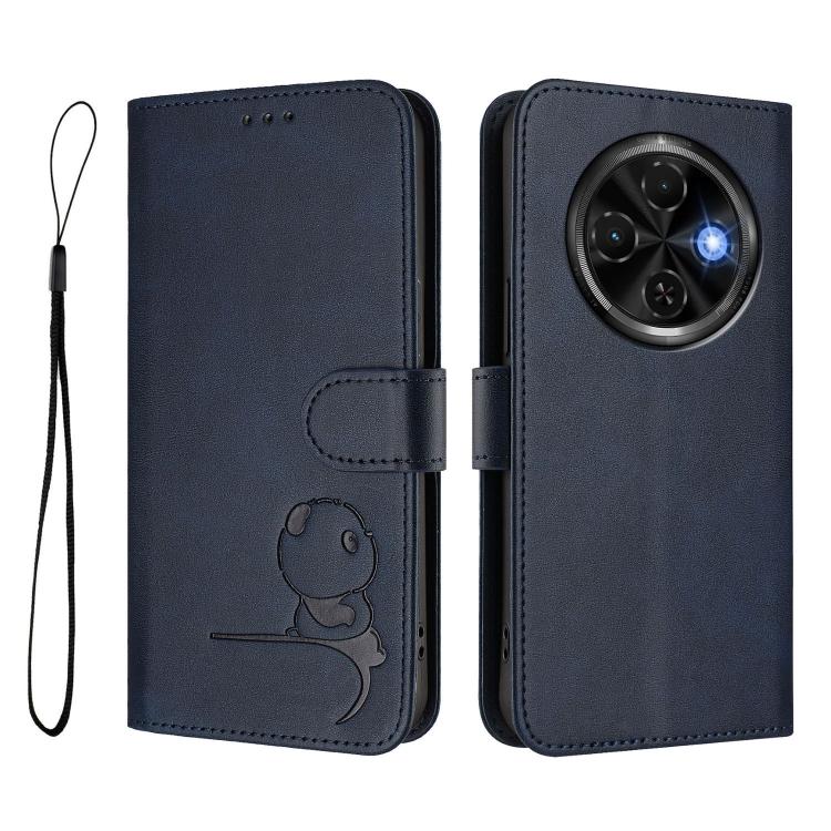 For Tecno Spark 30C 4G Litter Panda Embossing RFID Leather Phone Case with Lanyard