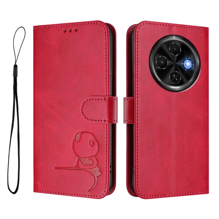 For Tecno Spark 30C 4G Litter Panda Embossing RFID Leather Phone Case with Lanyard