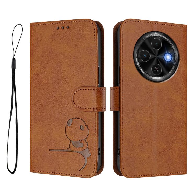 For Tecno Spark 30C 4G Litter Panda Embossing RFID Leather Phone Case with Lanyard