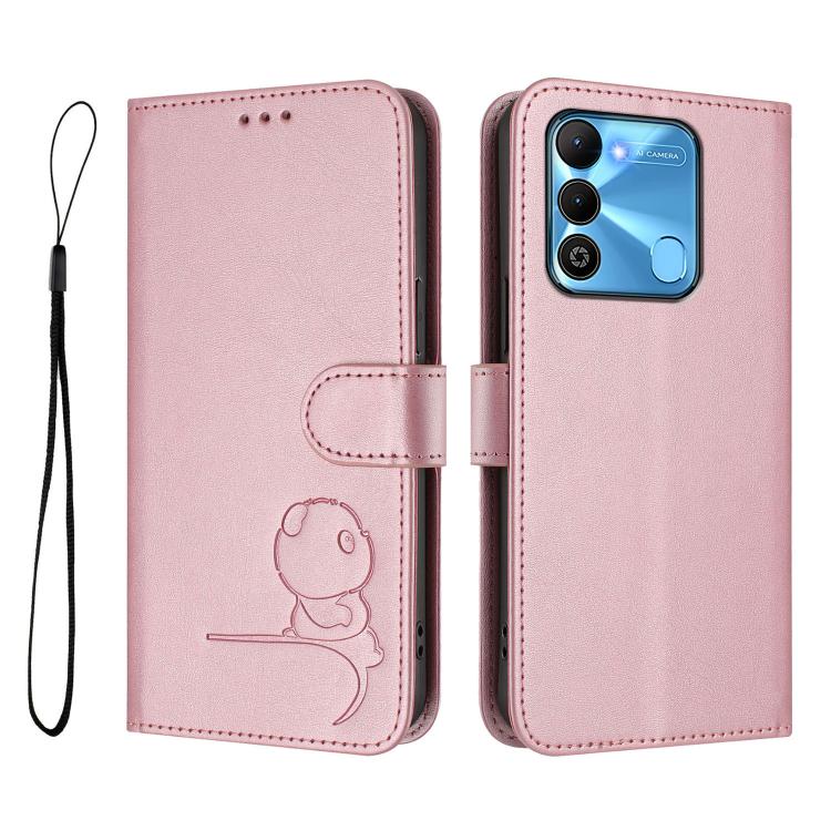 For Tecno Spark Go 2022 / Spark 8C Litter Panda Embossing RFID Leather Phone Case with Lanyard