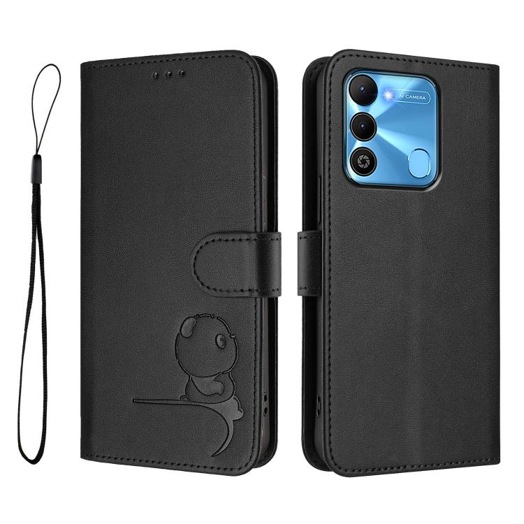 For Tecno Spark Go 2022 / Spark 8C Litter Panda Embossing RFID Leather Phone Case with Lanyard