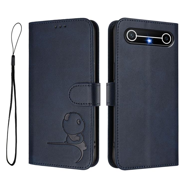 For Tecno Spark Slim 5G Litter Panda Embossing RFID Leather Phone Case with Lanyard