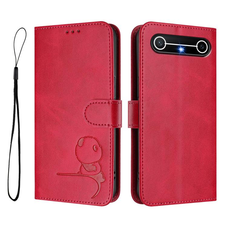 For Tecno Spark Slim 5G Litter Panda Embossing RFID Leather Phone Case with Lanyard