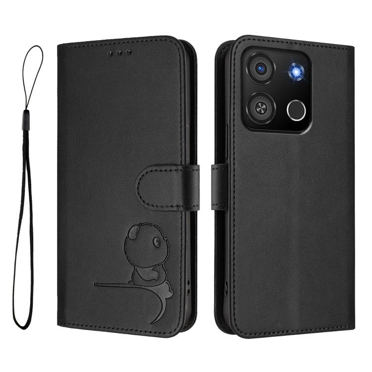For itel A05s Litter Panda Embossing RFID Leather Phone Case with Lanyard