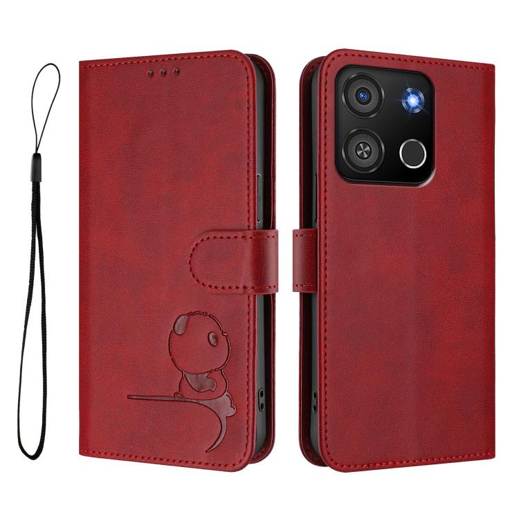 For itel A05s Litter Panda Embossing RFID Leather Phone Case with Lanyard