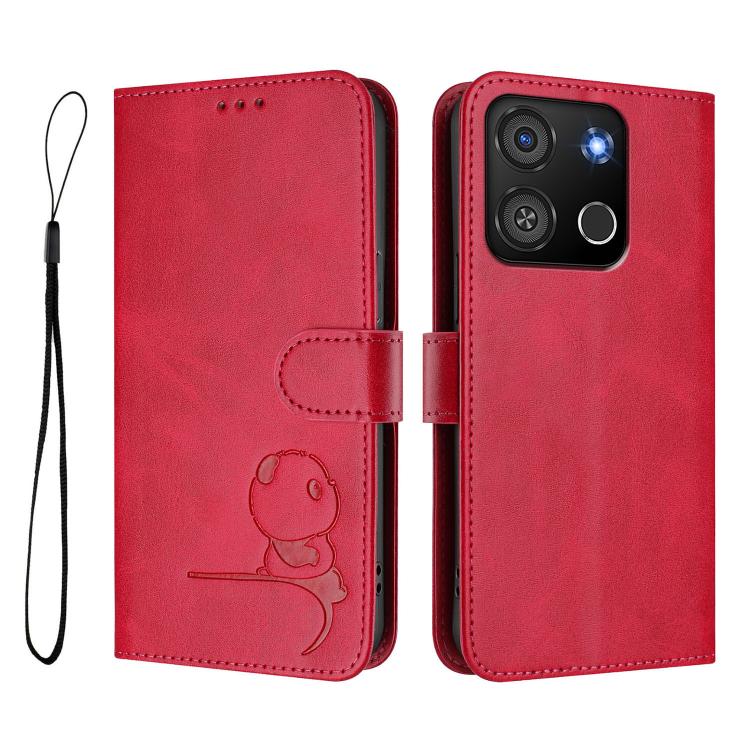 For itel A05s Litter Panda Embossing RFID Leather Phone Case with Lanyard
