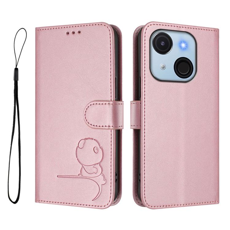For itel A50C Litter Panda Embossing RFID Leather Phone Case with Lanyard