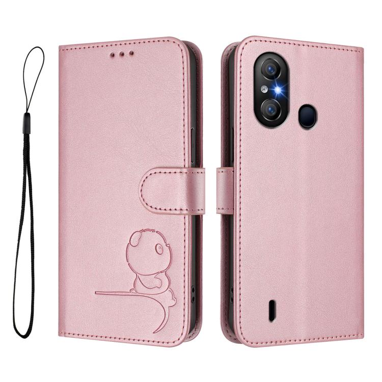 For itel A58 Lite / A49 Play Litter Panda Embossing RFID Leather Phone Case with Lanyard