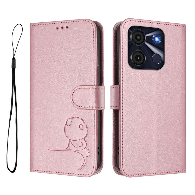 For itel A60 / A60s Litter Panda Embossing RFID Leather Phone Case with Lanyard