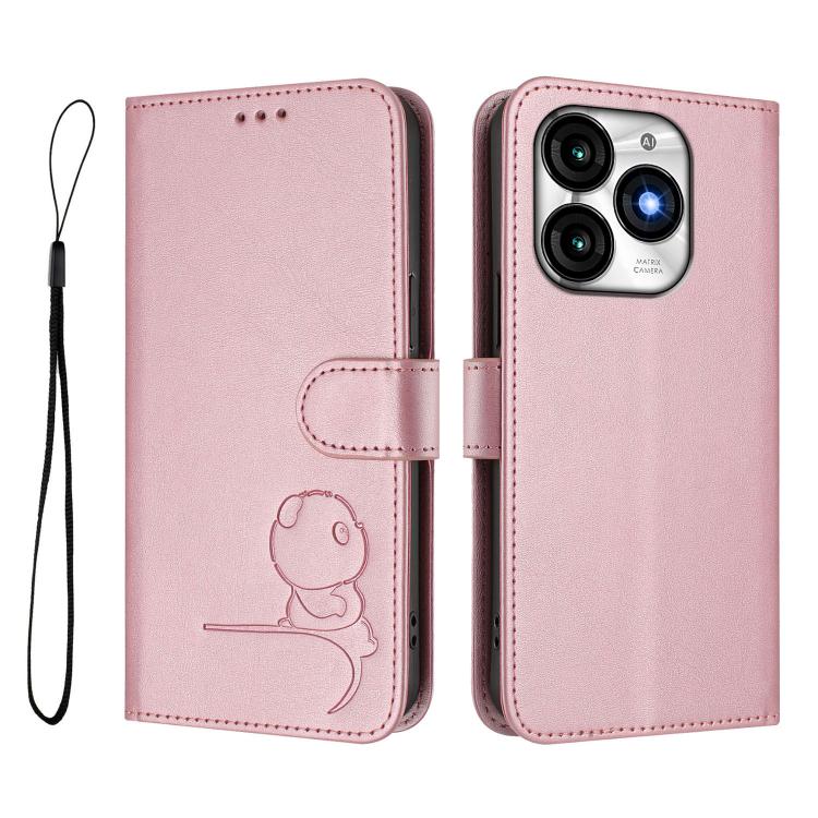 For itel A70 Litter Panda Embossing RFID Leather Phone Case with Lanyard