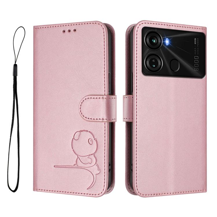 For itel P40 Litter Panda Embossing RFID Leather Phone Case with Lanyard