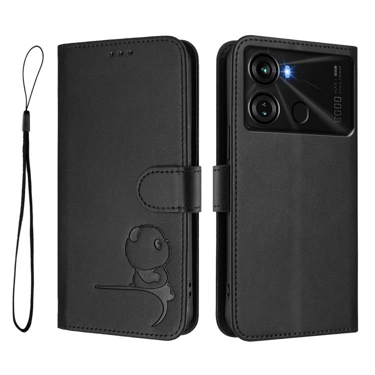 For itel P40 Litter Panda Embossing RFID Leather Phone Case with Lanyard