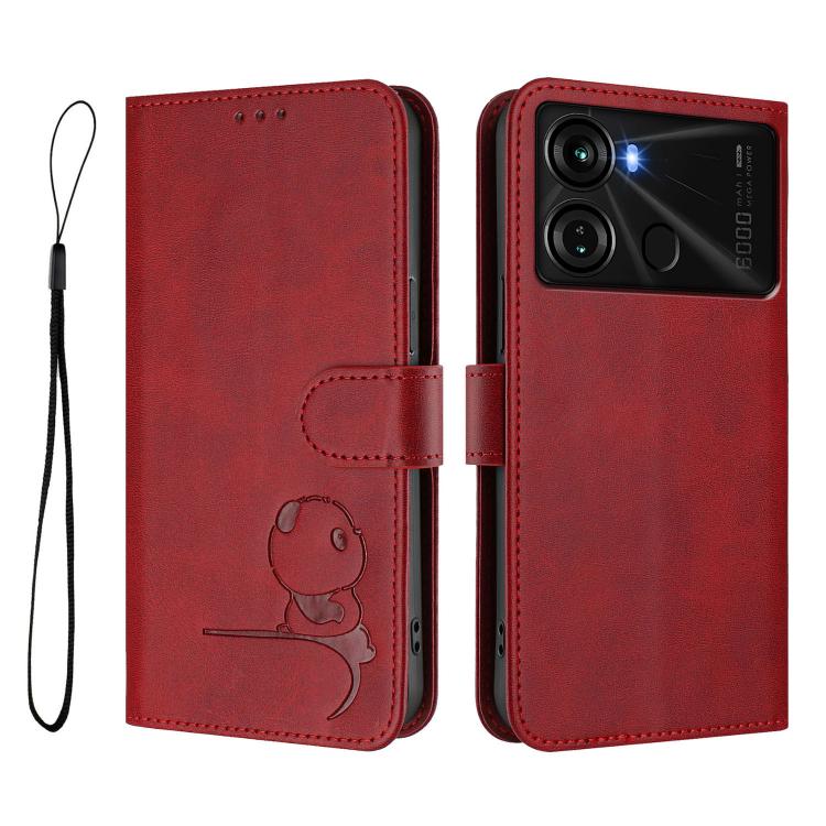 For itel P40 Litter Panda Embossing RFID Leather Phone Case with Lanyard