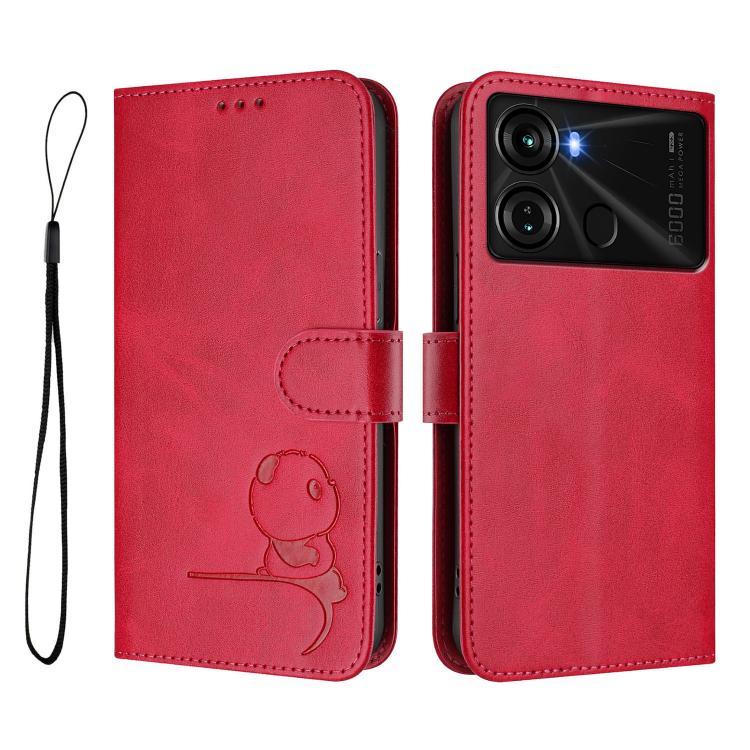 For itel P40 Litter Panda Embossing RFID Leather Phone Case with Lanyard