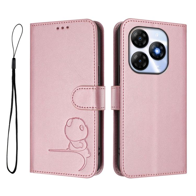 For itel P55 4G / Infinix Smart 8 Litter Panda Embossing RFID Leather Phone Case with Lanyard