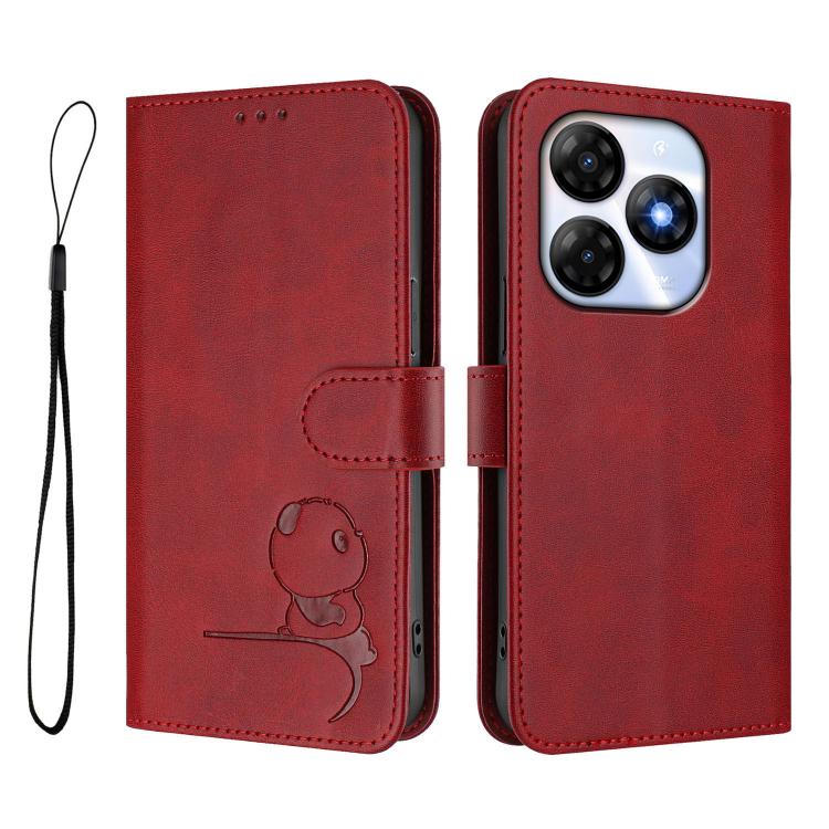 For itel P55 4G / Infinix Smart 8 Litter Panda Embossing RFID Leather Phone Case with Lanyard