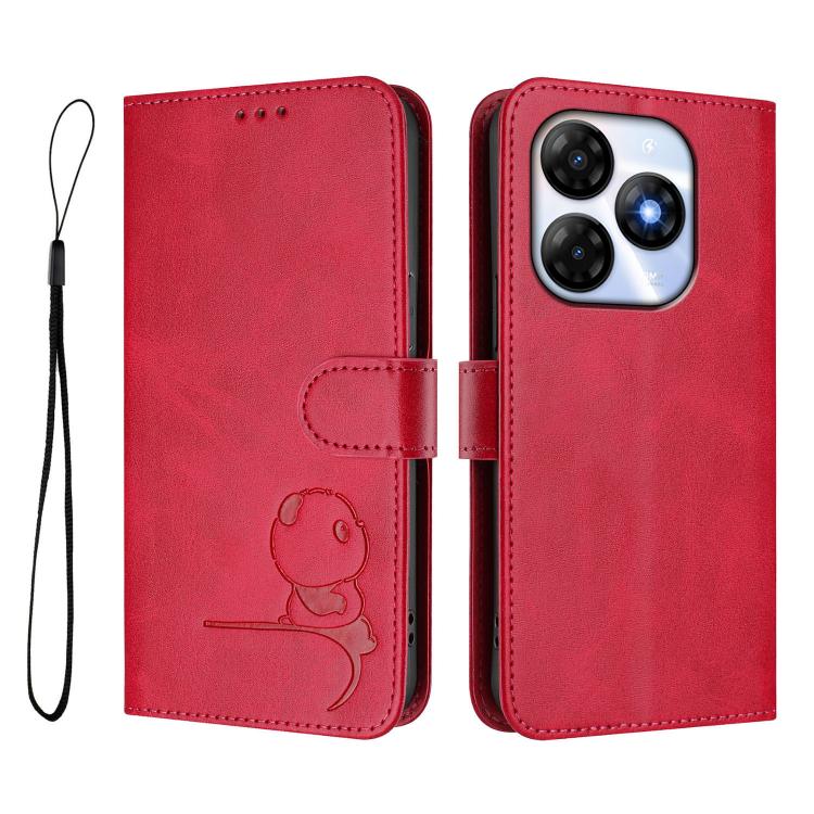 For itel P55 4G / Infinix Smart 8 Litter Panda Embossing RFID Leather Phone Case with Lanyard