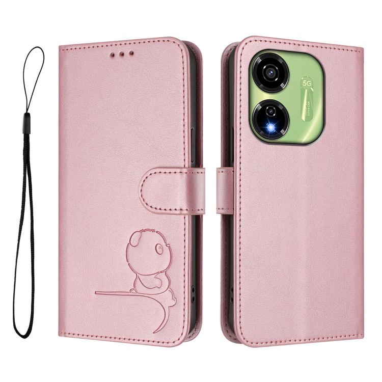 For itel P55 5G Litter Panda Embossing RFID Leather Phone Case with Lanyard