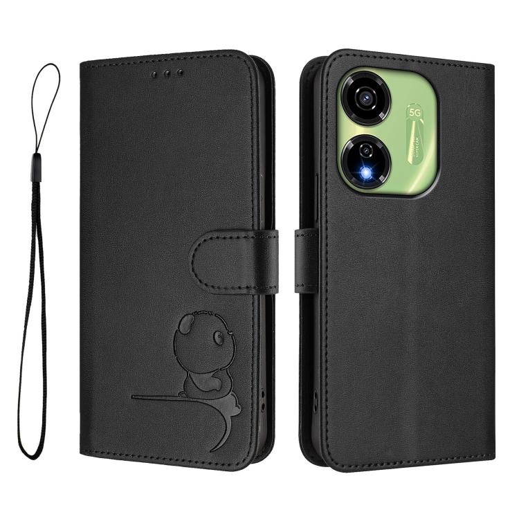 For itel P55 5G Litter Panda Embossing RFID Leather Phone Case with Lanyard