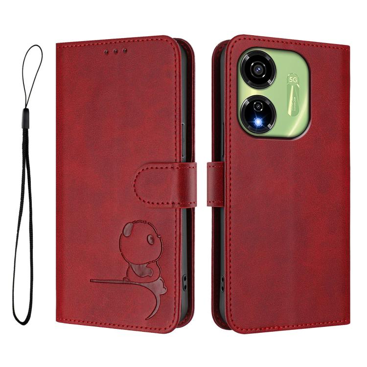 For itel P55 5G Litter Panda Embossing RFID Leather Phone Case with Lanyard