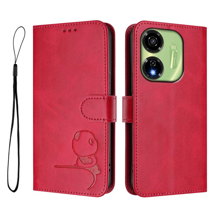 For itel P55 5G Litter Panda Embossing RFID Leather Phone Case with Lanyard