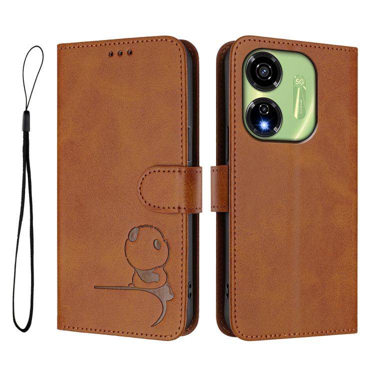 For itel P55 5G Litter Panda Embossing RFID Leather Phone Case with Lanyard