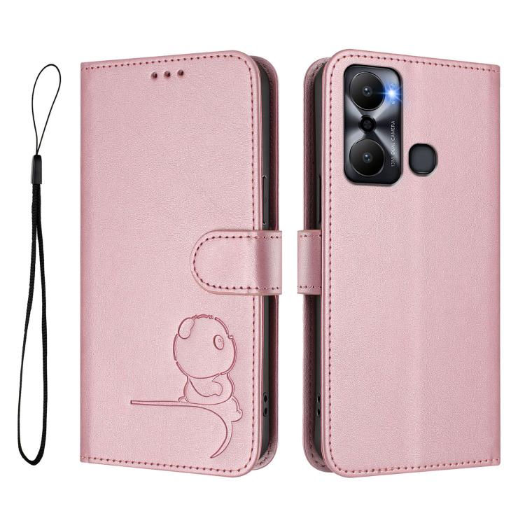 For Infinix Hot 20 Play Litter Panda Embossing RFID Leather Phone Case with Lanyard