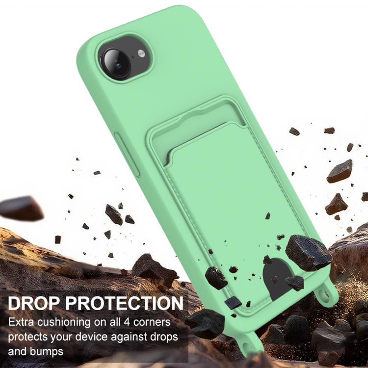 For iPhone 17e / 16e Integrated Card Bag Solid Color Liquid Silicone Phone Case Gen2 with Short Lanyard